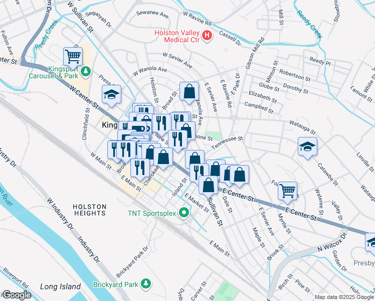 map of restaurants, bars, coffee shops, grocery stores, and more near 427 East Sullivan Street in Kingsport