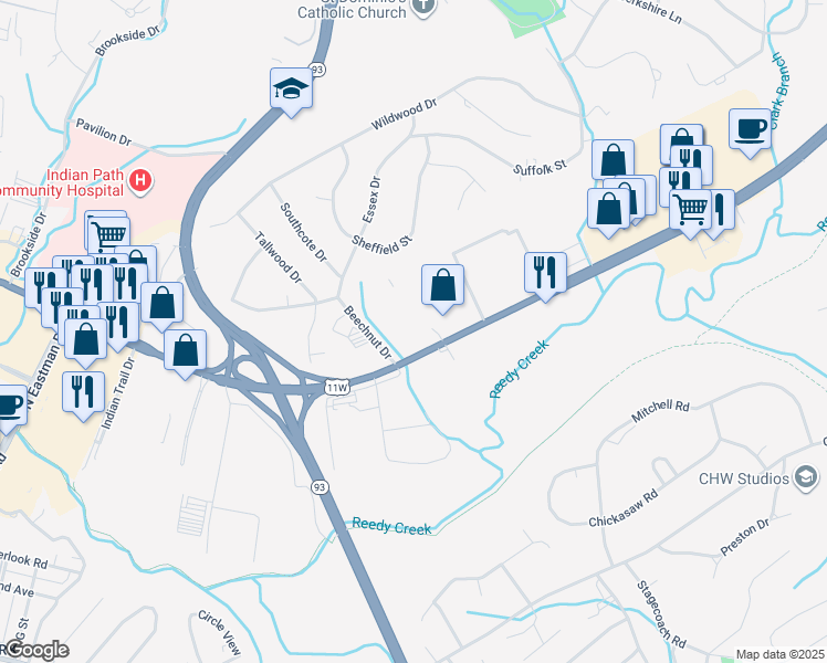 map of restaurants, bars, coffee shops, grocery stores, and more near 2416 East Stone Drive in Kingsport