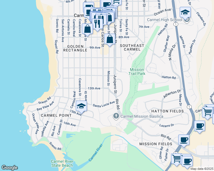 map of restaurants, bars, coffee shops, grocery stores, and more near in Carmel-by-the-Sea