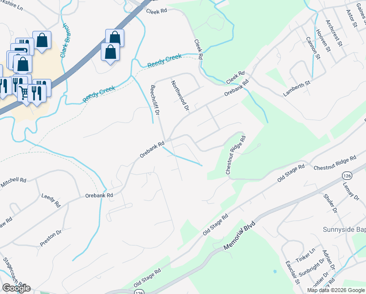 map of restaurants, bars, coffee shops, grocery stores, and more near 5223 Caintuck Road in Kingsport