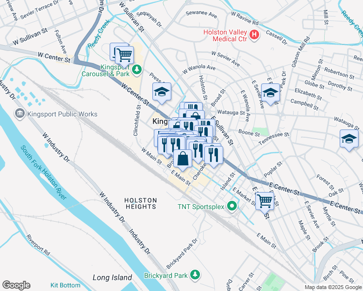 map of restaurants, bars, coffee shops, grocery stores, and more near 126 East Market Street in Kingsport