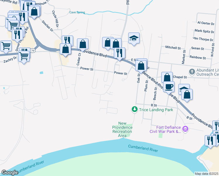 map of restaurants, bars, coffee shops, grocery stores, and more near 133 Walnut Street in Clarksville