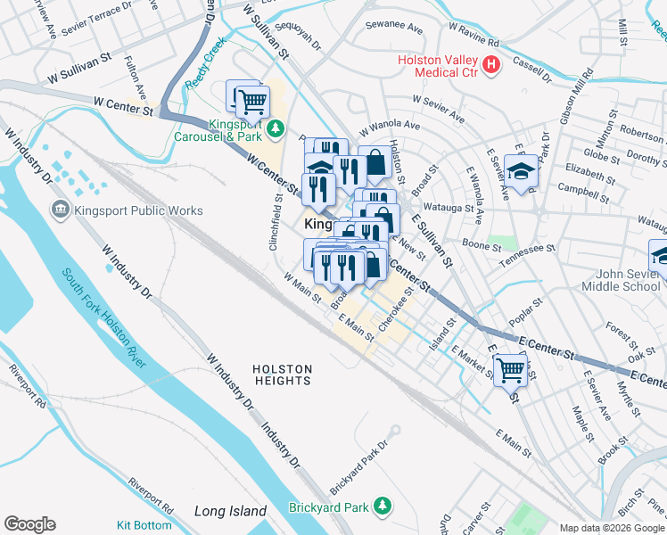 map of restaurants, bars, coffee shops, grocery stores, and more near 121 West Market Street in Kingsport