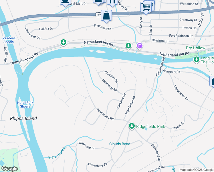 map of restaurants, bars, coffee shops, grocery stores, and more near 2225 Charsley Road in Kingsport