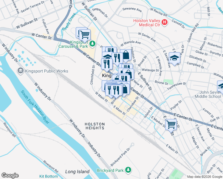 map of restaurants, bars, coffee shops, grocery stores, and more near 298 Shelby Street in Kingsport