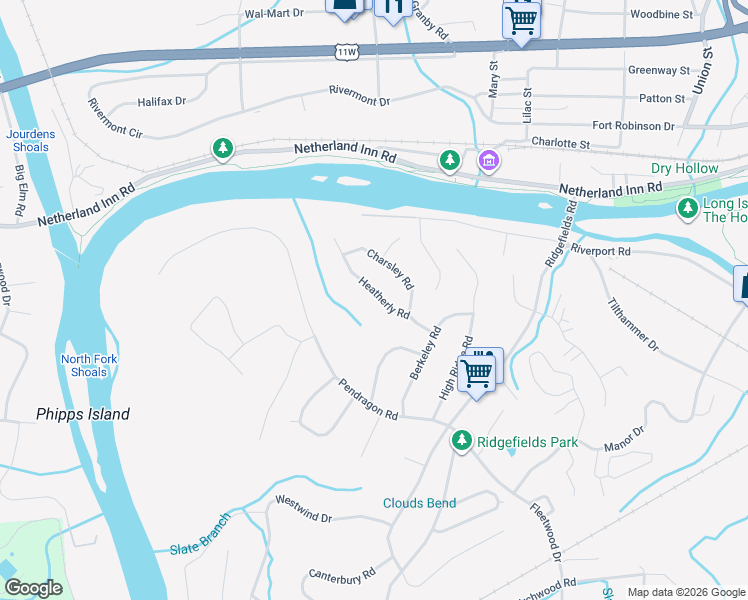 map of restaurants, bars, coffee shops, grocery stores, and more near 2225 Charsley Road in Kingsport