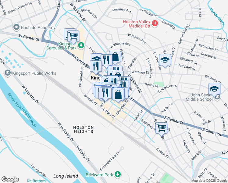 map of restaurants, bars, coffee shops, grocery stores, and more near 300c Broad Street in Kingsport