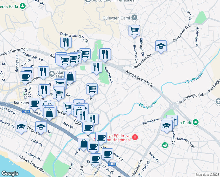 map of restaurants, bars, coffee shops, grocery stores, and more near 5 Arıkanlar Caddesi in Alanya