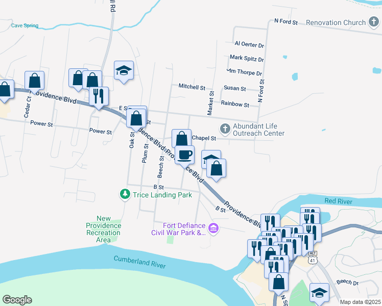 map of restaurants, bars, coffee shops, grocery stores, and more near 305 Locust Street in Clarksville