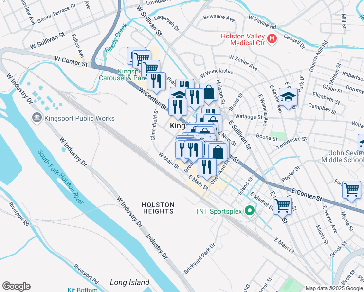 map of restaurants, bars, coffee shops, grocery stores, and more near 298 Shelby Street in Kingsport