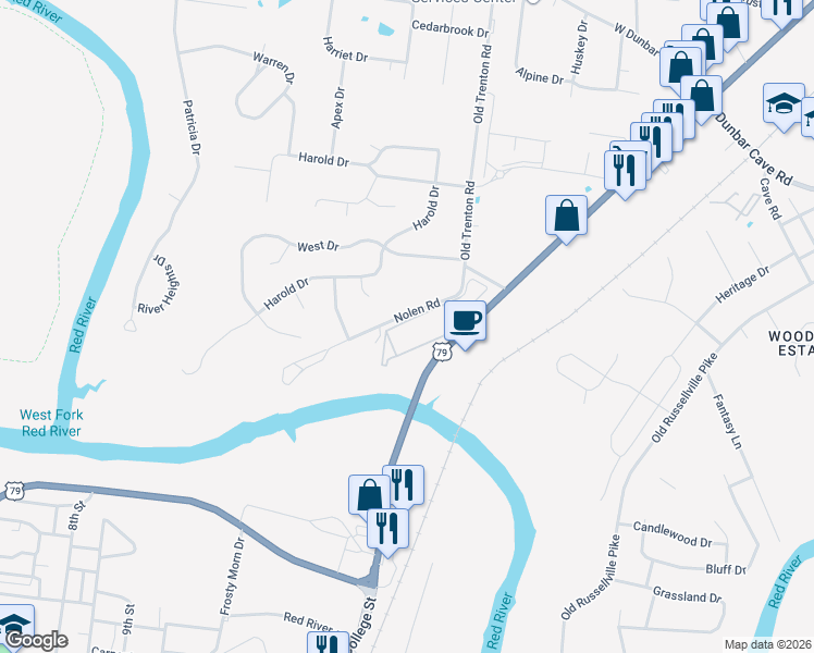 map of restaurants, bars, coffee shops, grocery stores, and more near 1688 Nolen Road in Clarksville