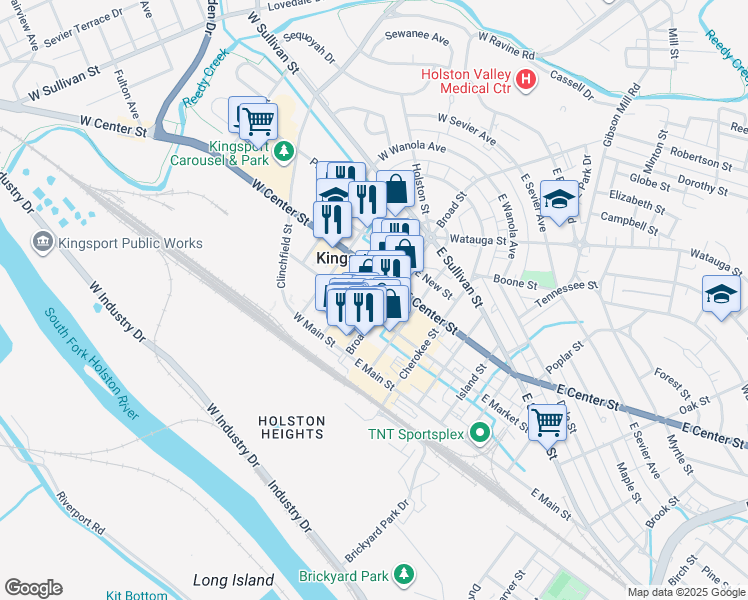 map of restaurants, bars, coffee shops, grocery stores, and more near 298 Shelby Street in Kingsport