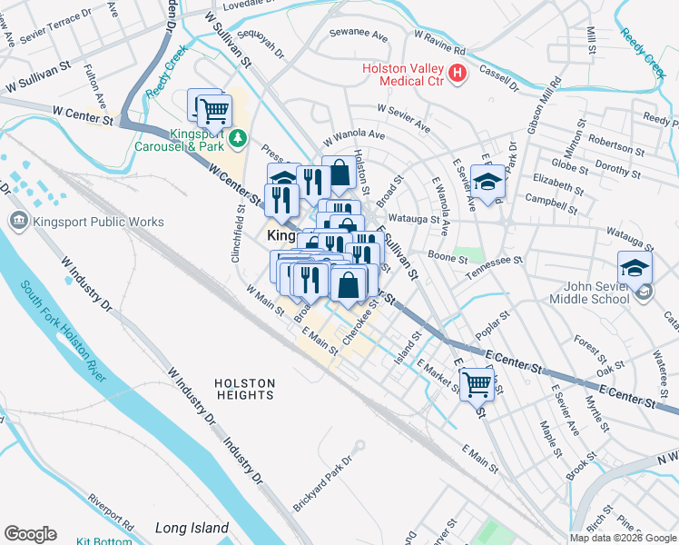 map of restaurants, bars, coffee shops, grocery stores, and more near 300c Broad Street in Kingsport