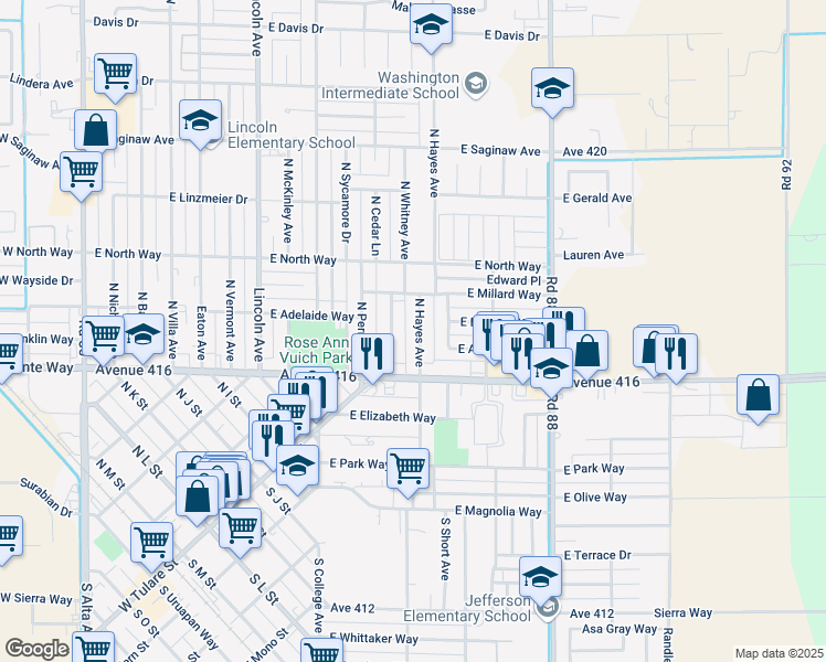 map of restaurants, bars, coffee shops, grocery stores, and more near 330-340 North Hayes Avenue in Dinuba
