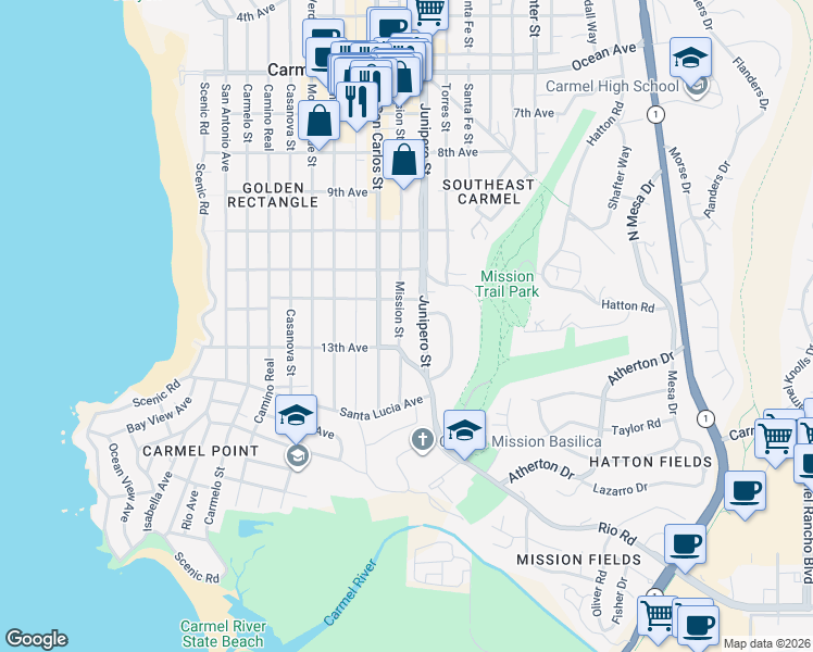 map of restaurants, bars, coffee shops, grocery stores, and more near 25971 Mission Street in Carmel-by-the-Sea