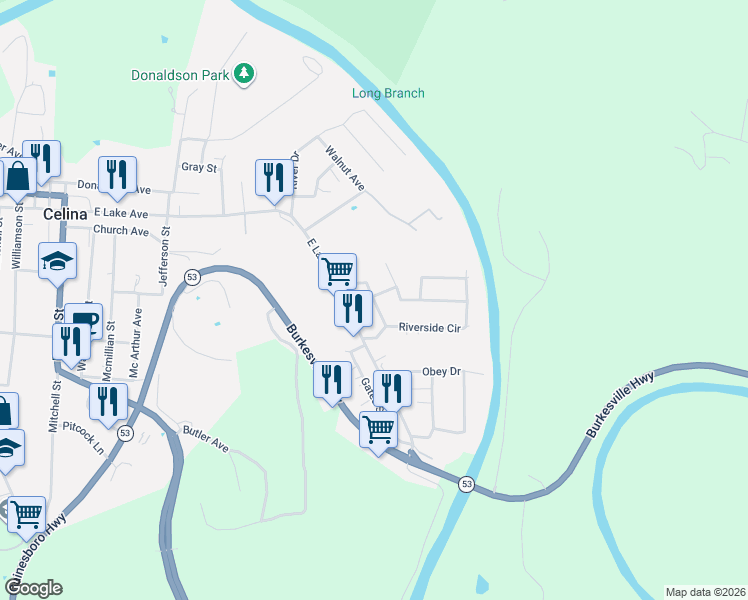 map of restaurants, bars, coffee shops, grocery stores, and more near 1016 Riverside Drive in Celina