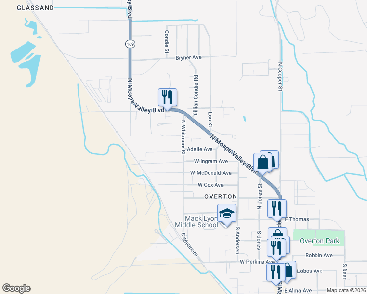 map of restaurants, bars, coffee shops, grocery stores, and more near 414 North Whitmore Street in Moapa Valley