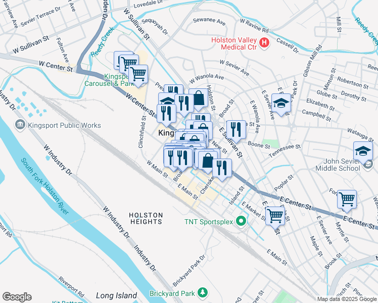 map of restaurants, bars, coffee shops, grocery stores, and more near 300c Broad Street in Kingsport
