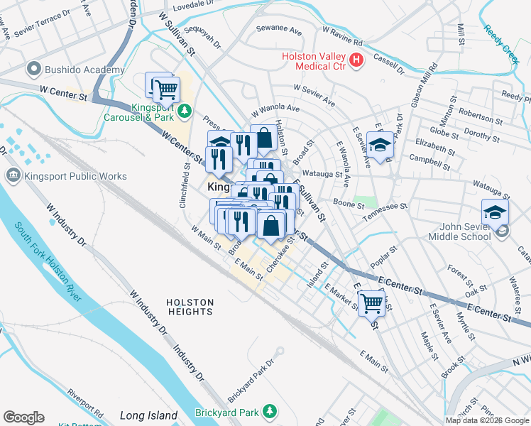 map of restaurants, bars, coffee shops, grocery stores, and more near 300c Broad Street in Kingsport