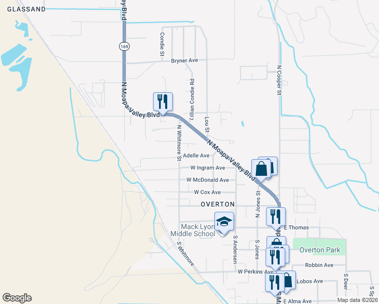 map of restaurants, bars, coffee shops, grocery stores, and more near 468 Adelle Avenue in Moapa Valley