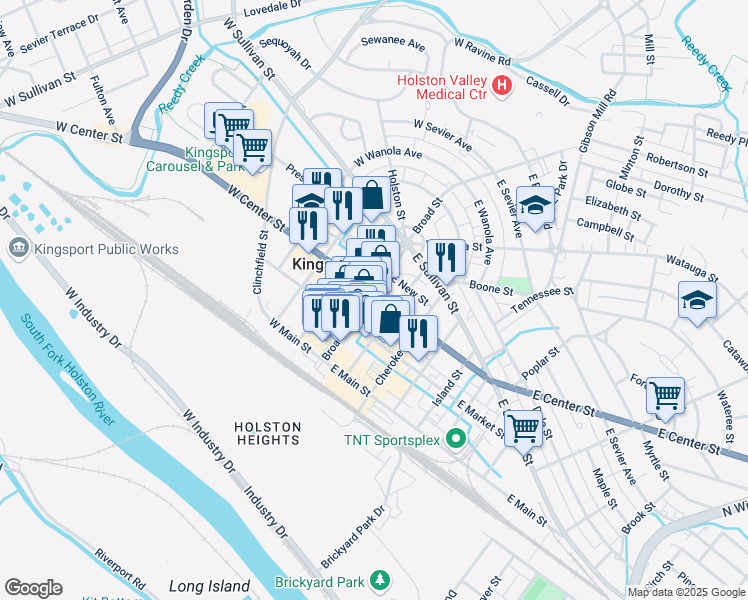 map of restaurants, bars, coffee shops, grocery stores, and more near 300c Broad Street in Kingsport