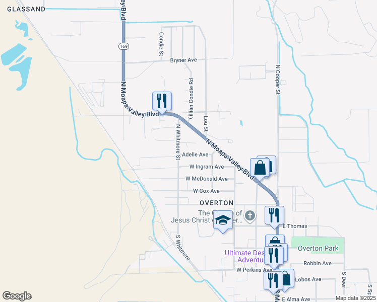 map of restaurants, bars, coffee shops, grocery stores, and more near 468 Adelle Avenue in Moapa Valley