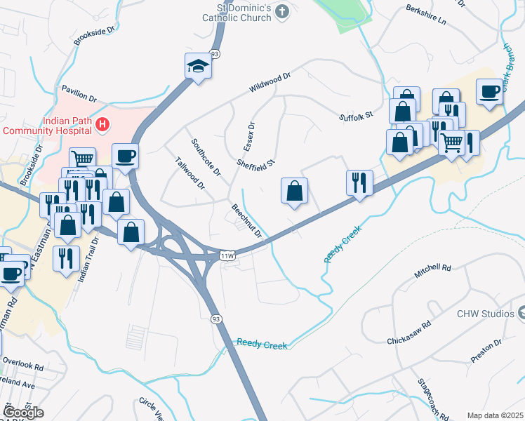 map of restaurants, bars, coffee shops, grocery stores, and more near 2424 East Stone Drive in Kingsport