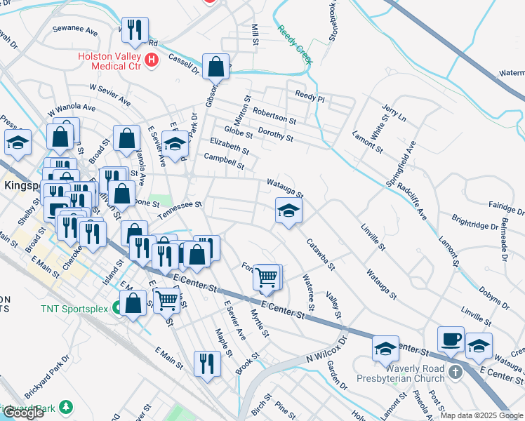 map of restaurants, bars, coffee shops, grocery stores, and more near 1049 Catawba Street in Kingsport