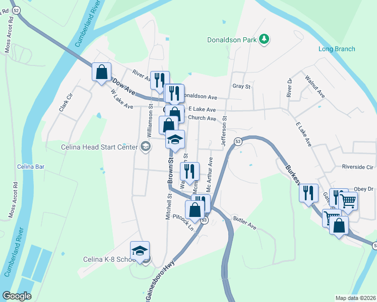 map of restaurants, bars, coffee shops, grocery stores, and more near 133 Washington Street in Celina
