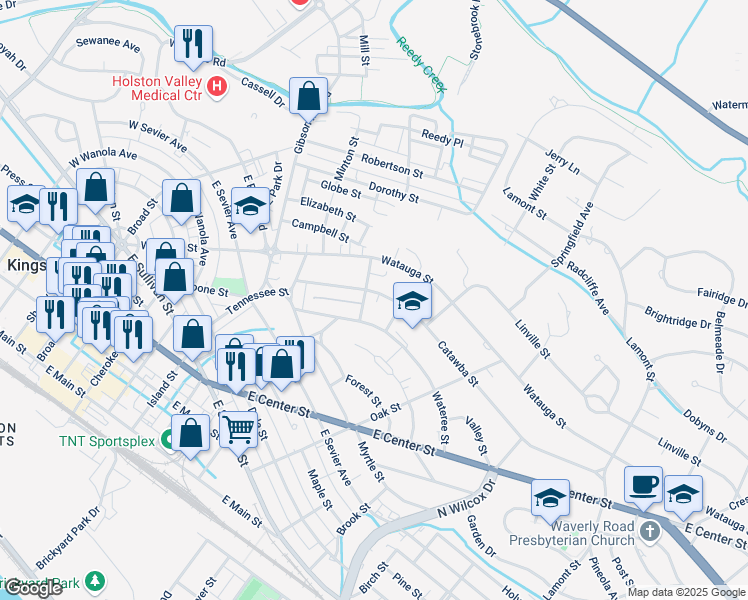 map of restaurants, bars, coffee shops, grocery stores, and more near 1049 Catawba Street in Kingsport