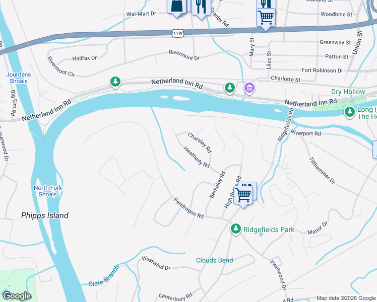 map of restaurants, bars, coffee shops, grocery stores, and more near 2133 Heatherly Road in Kingsport
