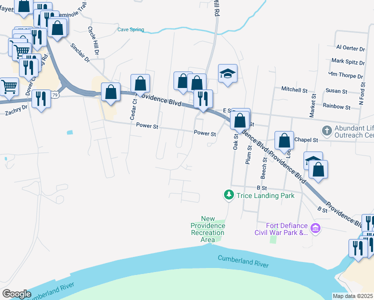 map of restaurants, bars, coffee shops, grocery stores, and more near 110 Walnut Street in Clarksville