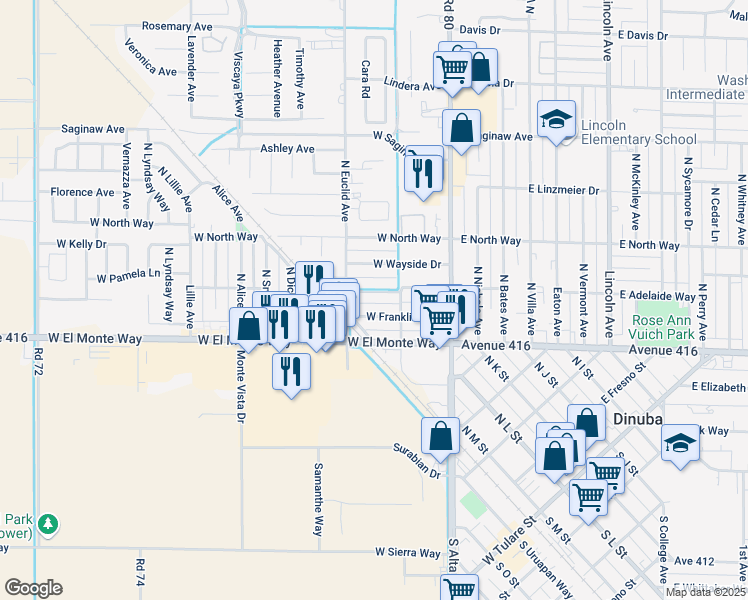 map of restaurants, bars, coffee shops, grocery stores, and more near 430 W Adelaide Way in Dinuba