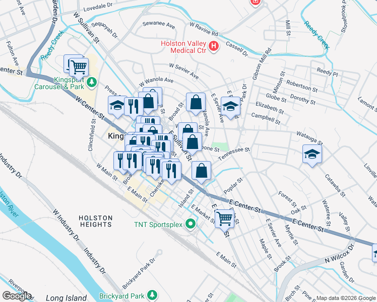 map of restaurants, bars, coffee shops, grocery stores, and more near 420 Cherokee Street in Kingsport