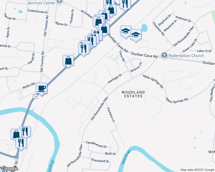 map of restaurants, bars, coffee shops, grocery stores, and more near 1760 Heritage Drive in Clarksville