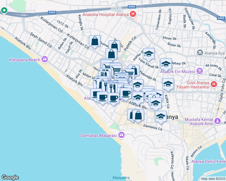 map of restaurants, bars, coffee shops, grocery stores, and more near 5 Mehmet Ali Efendi Sokak in Alanya