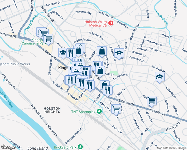 map of restaurants, bars, coffee shops, grocery stores, and more near 420 Cherokee Street in Kingsport