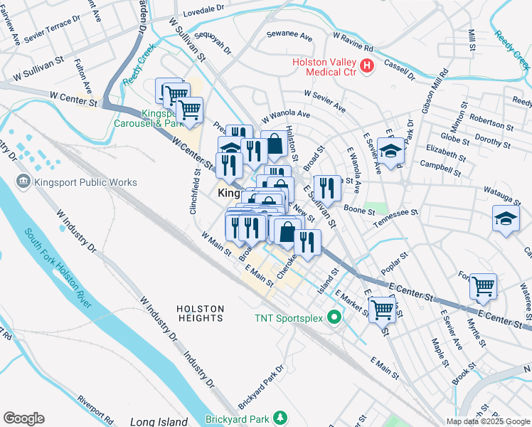 map of restaurants, bars, coffee shops, grocery stores, and more near 300c Broad Street in Kingsport