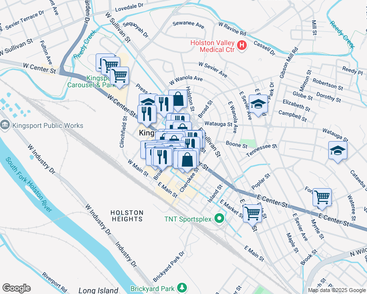 map of restaurants, bars, coffee shops, grocery stores, and more near 300c Broad Street in Kingsport