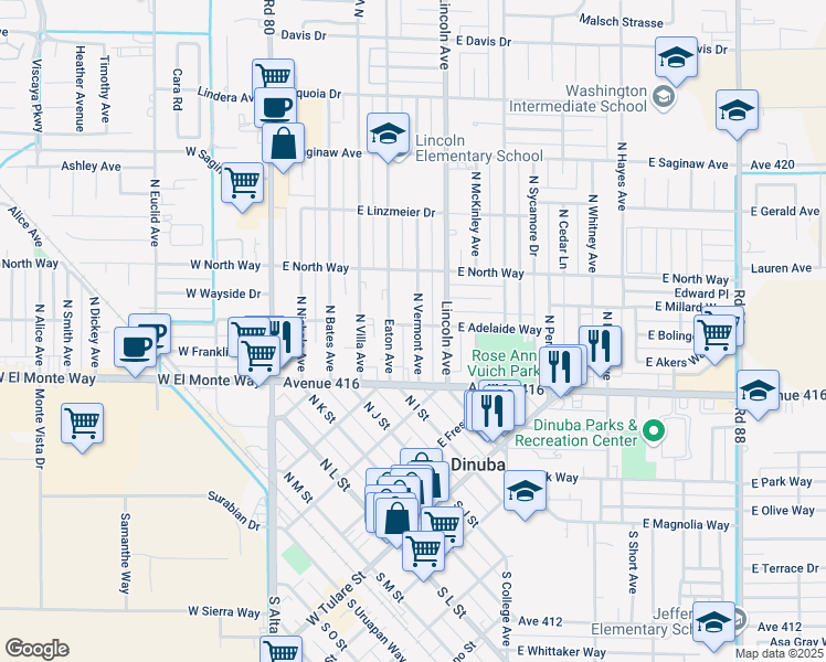 map of restaurants, bars, coffee shops, grocery stores, and more near 576 E Adelaide Way in Dinuba