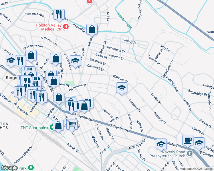 map of restaurants, bars, coffee shops, grocery stores, and more near 1049 Catawba Street in Kingsport