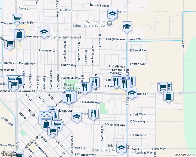 map of restaurants, bars, coffee shops, grocery stores, and more near 330 North Hayes Avenue in Dinuba