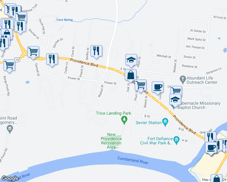 map of restaurants, bars, coffee shops, grocery stores, and more near 105 Church Court in Clarksville