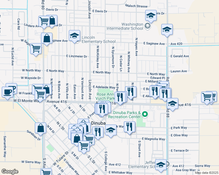 map of restaurants, bars, coffee shops, grocery stores, and more near 959 East Adelaide Way in Dinuba