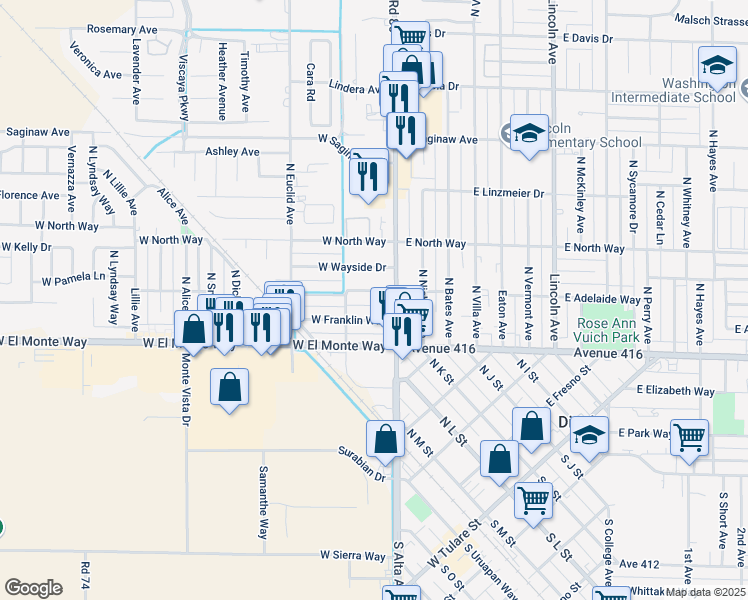 map of restaurants, bars, coffee shops, grocery stores, and more near 277 N Alta Ave in Dinuba