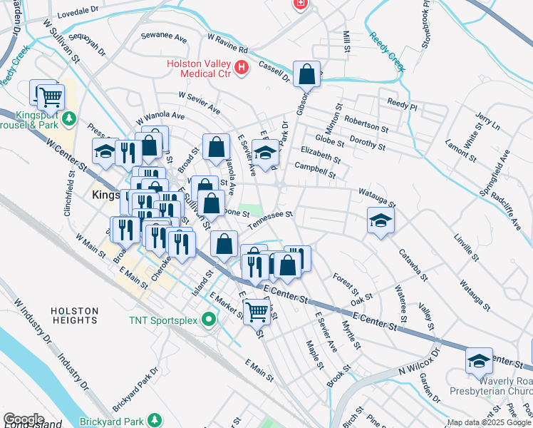 map of restaurants, bars, coffee shops, grocery stores, and more near 224 East Sevier Avenue in Kingsport