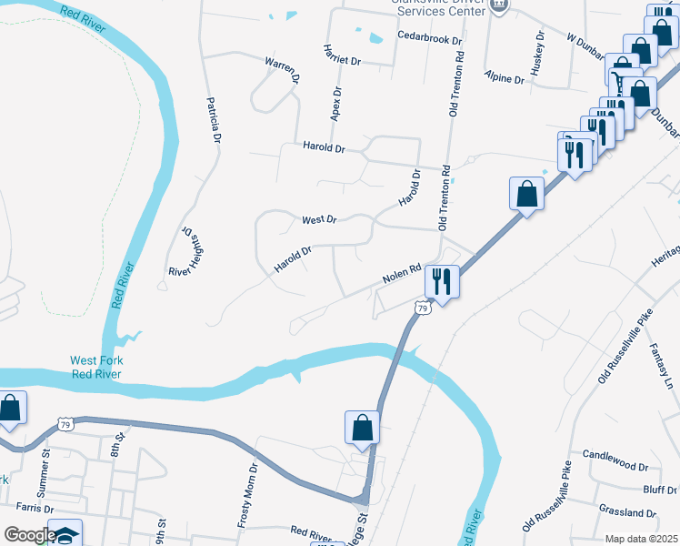 map of restaurants, bars, coffee shops, grocery stores, and more near 1843 Twin Rivers Road in Clarksville