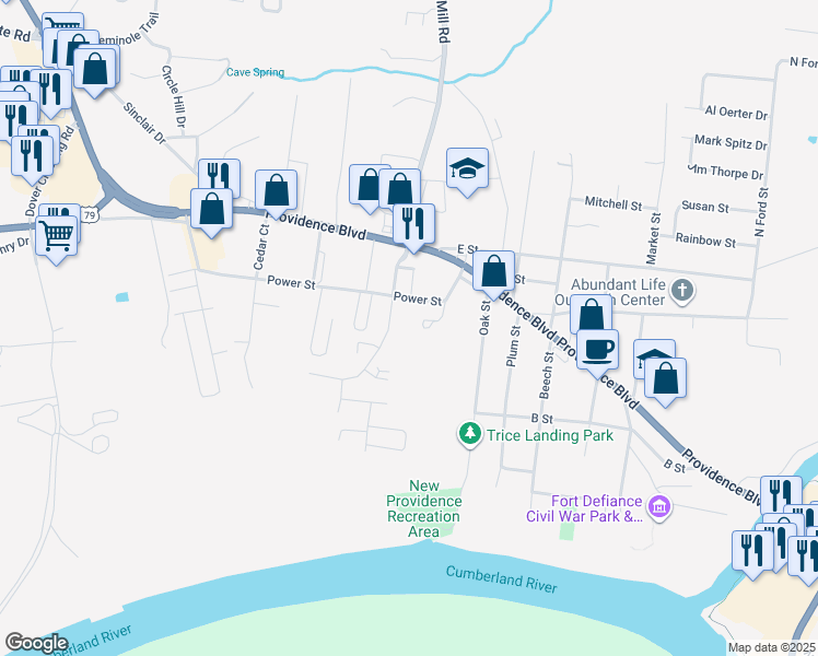 map of restaurants, bars, coffee shops, grocery stores, and more near 113C Walnut Street in Clarksville
