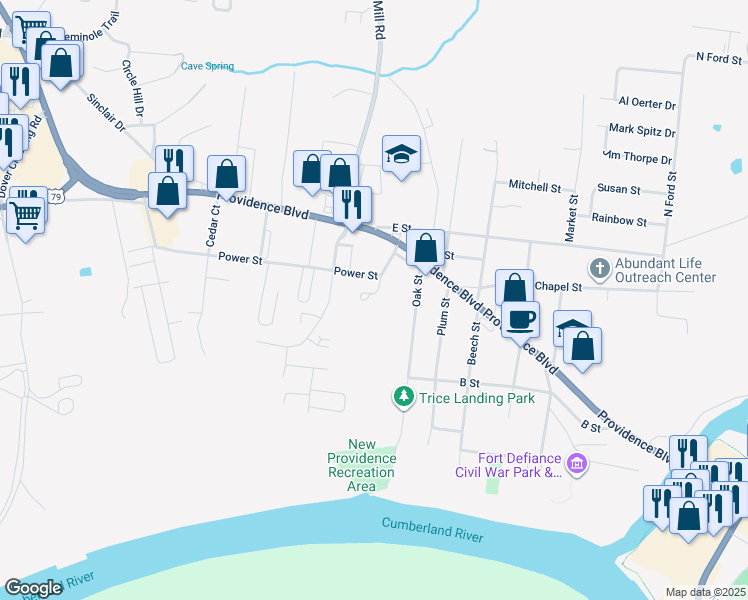 map of restaurants, bars, coffee shops, grocery stores, and more near 105 Church Court in Clarksville