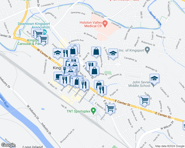 map of restaurants, bars, coffee shops, grocery stores, and more near 301 East Sullivan Street in Kingsport